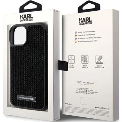 8. Karl Lagerfeld Rhinestone Logo Metal Plate case for iPhone 15 - black