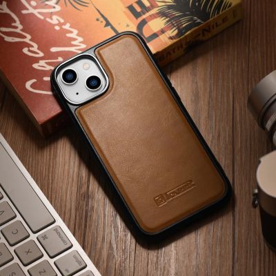 13. iCarer Leather Oil Wax case covered with natural leather for iPhone 14 brown (WMI14220717-TN)