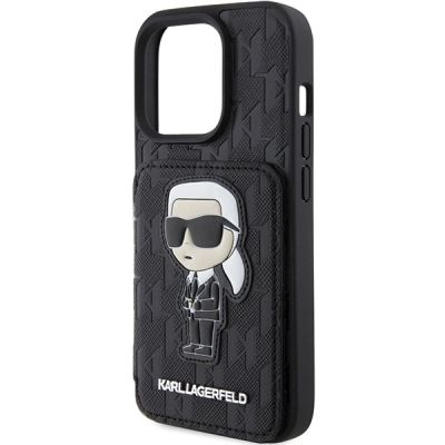 6. Karl Lagerfeld Saffiano Cardslots and Stand Monogram Ikonik Patch case for iPhone 15 Pro - black