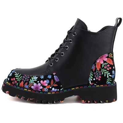 3. Women's leather combat boots with floral pattern, black Artiker 57C0180