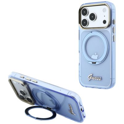 2. Guess IML Ring Stand 360 Script Metal Logo MagSafe Case for iPhone 17 Pro / 18 Pro - Light Blue