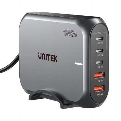 Stationary GaN charger UNITEK P1234AGY01-EU 188W 3xUSB-C 2xUSB-A