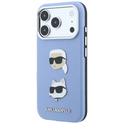 2. Karl Lagerfeld Saffiano with Karl & Choupette Heads Pins & Logo case for iPhone 18 Pro / 17 Pro - light blue