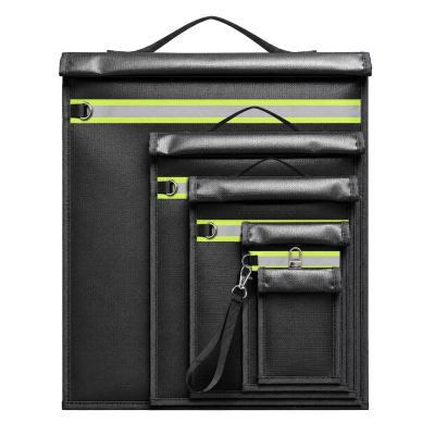 Set of 5 Fireproof RFID Blocking Bags OTN-5R with Handle and Reflector - Black