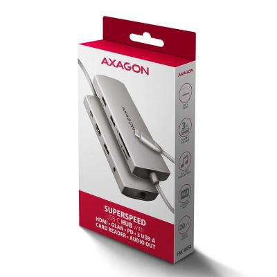 9. AXAGON HMC-8HLSA Multiport Hub USB-C 3.2 Gen 1, 3x USB-A + 4K/60Hz HDMI + SD/microSD, Gigabit LAN, Audio, PD 100W - Silver