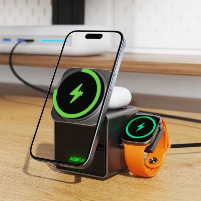 6. Acefast E34 22.5W 3-in-1 inductive charger with built-in cable for smartphone and smartwatch - gray
