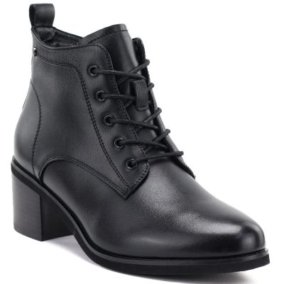 6. Women's leather lace-up high-heeled ankle boots, black, Vinceza EN27-133107