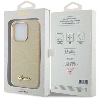 8. Guess Glitter Glossy Script case for iPhone 15 Pro - gold