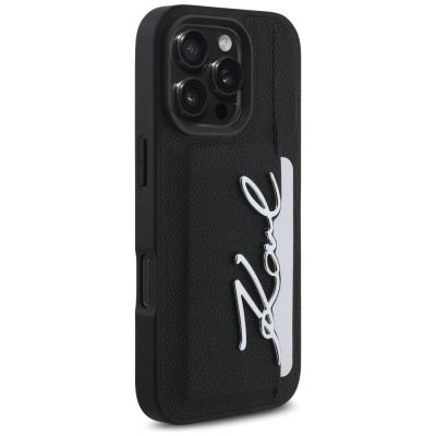 4. Karl Lagerfeld HC Grained PU Cardslot Metal Signature iPhone 16 Pro Case - Black