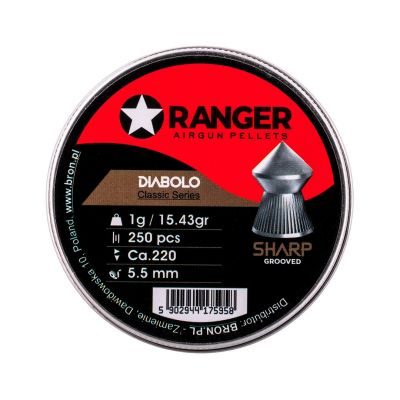 5. 5.5 mm RANGER Diabolo Classic Sharp Grooved pellets, knurled tip, 250 pcs., 1.00 g