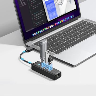 4. Orico PW3UR25-U3 USB Hub 4-Port 3x USB-A 3.0 1x RJ45 2.5G Ethernet 1.8m - Black