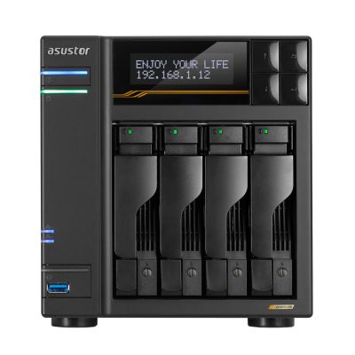 7. NAS Asustor AS6804T; Tower; 4x (3.5" SATA HDD/ 2.5" SSD); AMD Ryzen Embedded V3C14; 16G ECC DDR5 SODIMM (max. 64GB), 2x 10GbE, 2x 5GbE, 4x M.2 2280 NVMe PCIe 4.0, 2x USB4, 2x USB 3.2 Gen, 1x optional 10 GbE card