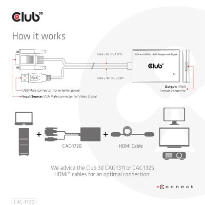 5. CLUB3D CAC-1720 Cable Adapter 0.6m HDMI Type A (Standard) VGA (D-Sub) + USB Black
