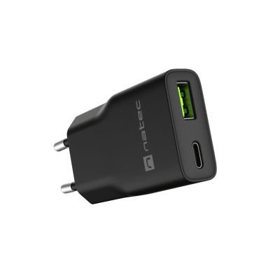 12. NATEC RIBERA GAN SLIM WALL CHARGER 1X USB-A + 1X USB-C 20W BLACK