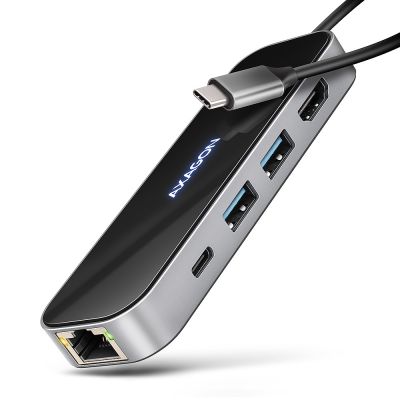 AXAGON HMC-6GLN USB Hub, 2x USB-A, 1x USB-C, 1x HDMI 2.0, 1x RJ45, 100 W PD – silver