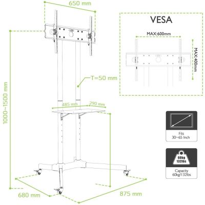 TECHLY MOBILE TV STAND LED/LCD 30-65 INCHES 60KG 1