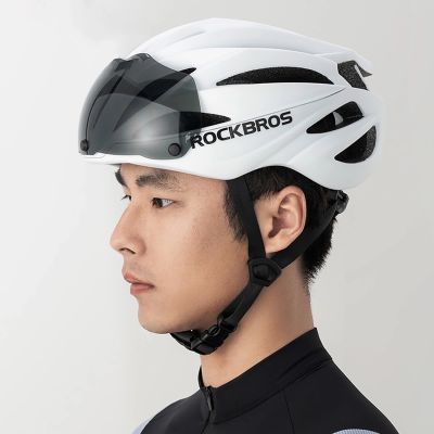 6. Rockbros Bike Helmet with Visor, Detachable UV Goggles, Unisex, Glossy - White