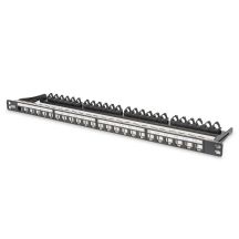 High density patch panel 19" 24x keystone, shielded, 0.5U, black, cable guide, labeling fields
