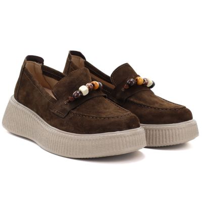 4. Women's leather platform moccasins with beads, brown, Vinceza 79649