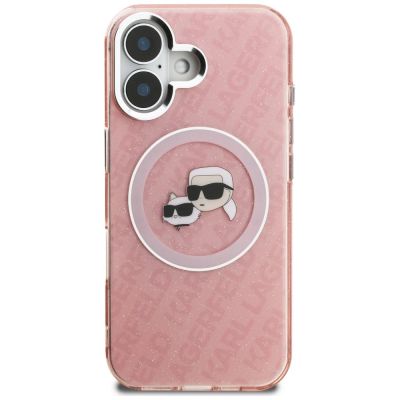 3. Karl Lagerfeld IML Glitter Karl & Choupette Heads Logo MagSafe iPhone 16 Case - Pink