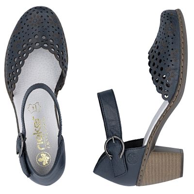 4. Women's leather sandals with a comfortable heel, openwork, navy blue, Rieker 40902-14