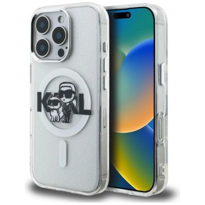 Karl Lagerfeld IML Glitter Karl & Choupette Sketch Logo MagSafe Case for iPhone 16 Pro Max - Clear