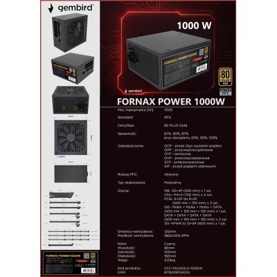14. GEMBIRD COMPUTER POWER SUPPLY FORNAX POWER 1000W 80+ GOLD ATX, 1000W, ACTIVE PFC, 12CM FAN