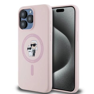 Karl Lagerfeld Silicone Karl&Choupette Ring MagSafe Case for iPhone 15 Pro Max - Pink