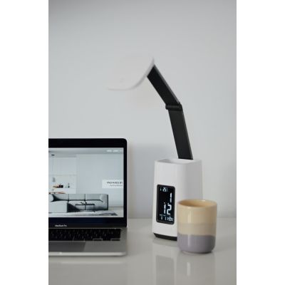 6. Modern LED desk lamp Activejet TECHNIC white with LED display (date, time, alarm clock), foldable