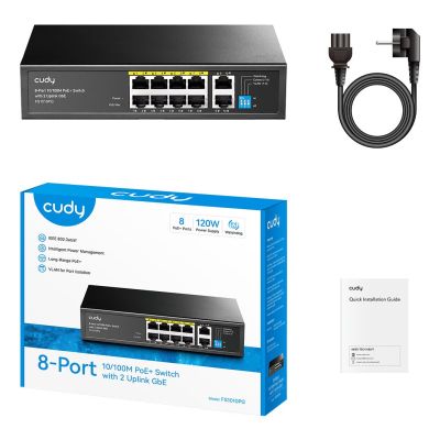 7. CUDY FS1010PG Switch, 8-Port 10/100M PoE+ 120W, 2x GbE Uplink
