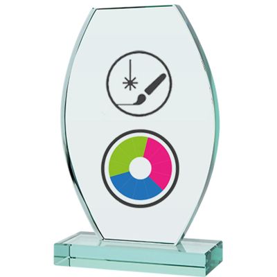 Glass trophy with LuxorJet color print, engraving, paint filling and case