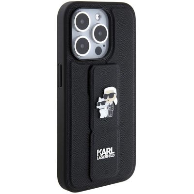 5. Karl Lagerfeld Gripstand Saffiano Karl&Choupette Pins case for iPhone 15 Pro - black