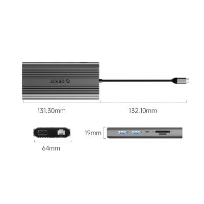 3. Orico XDR 12in1 USB-C Docking Station USB-A USB-C HDMI 4K VGA RJ45 Gigabit PD 100W SD and microSD Card Reader - Gray