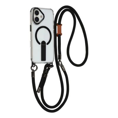 iPhone 17 case with stand, short strap (30 cm) and long strap (120 cm), compatible with MagSafe - black