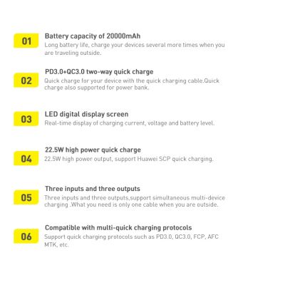 21. Baseus Adaman powerbank with fast charging 20000mAh 22.5W + USB-A - USB-C 3A cable 0.3m black