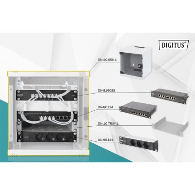 10" network kit: 6U wall-mounted cabinet, shelf, power strip, 8-port switch, Cat.6 panel, gray