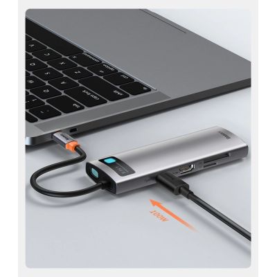 15. Baseus Metal Gleam 8in1 USB-C Hub - USB-C PD 100W 1x HDMI 4K 30Hz 1x SD and microSD card reader 3x USB-A 3.2 1xRJ45 - gray
