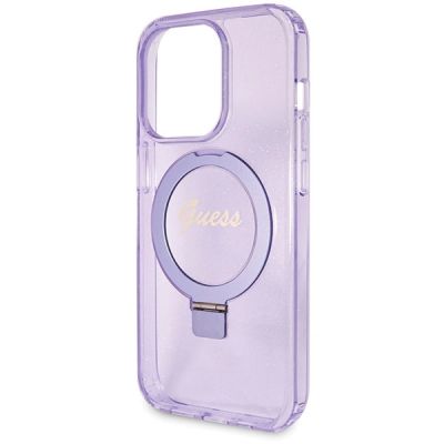 6. Guess Ring Stand Script Glitter MagSafe case for iPhone 14 Pro - purple