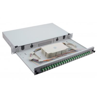 2. 19" Fiber Optic Splice Box 24 x LC/APC Duplex OS2, terminated with splices, gray