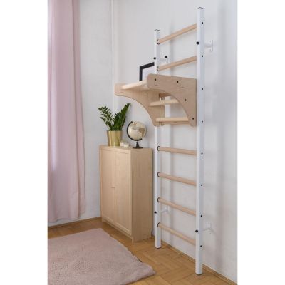 17. GYMNASTIC WOODEN AND METAL WALL BAR WITH 4 HANDLES WITH A WOODEN BAR BENCHK 211W