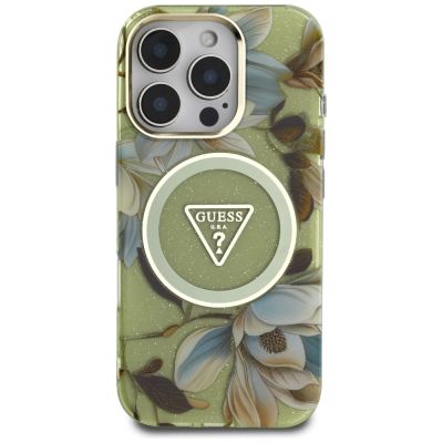 3. Guess Glitter Flowers Triangle Buttons MagSafe case for iPhone 16 Pro Max green