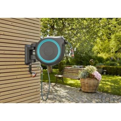 4. Gardena 18630-20 Garden Hose Reel Wall-Mounted Garden Hose Cart Automatic Black, Blue
