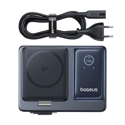 6. Baseus NOMOS 140W Qi2 5-in-1 Wireless Charging Station with Retractable USB-C Cable and Digital Display - Black