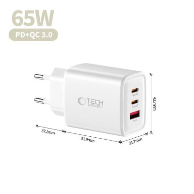 6. Tech-Protect NCA65W-GAN 3-Port 65W Wall Charger - White
