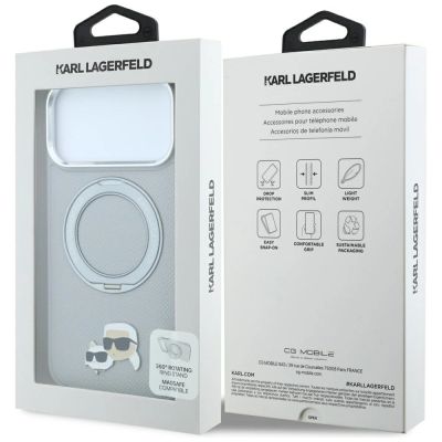 8. Karl Lagerfeld with Ring Stand 360 Karl & Choupette Heads Pin MagSafe Case for iPhone 18 Pro / 17 Pro - Gray
