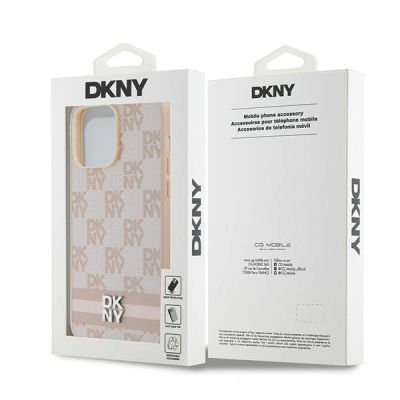 10. DKNY Leather Checkered Mono Pattern & Printed Stripes case for iPhone 14 Pro Max - pink