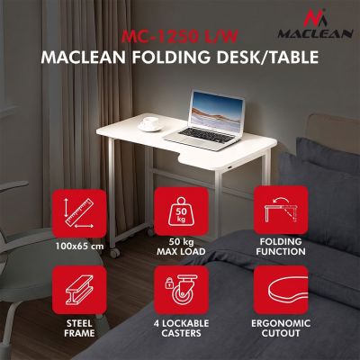 MACLEAN FOLDING DESK TABLE WITH WHEELS MACLEAN FOLDING DESK TABLE, WHITE, MOBILE, 100X65CM, MAX. 50KG, ANGLED, SHAPE