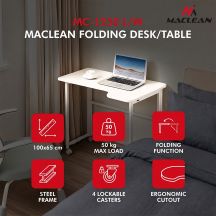 MACLEAN FOLDING DESK TABLE WITH WHEELS MACLEAN FOLDING DESK TABLE, WHITE, MOBILE, 100X65CM, MAX. 50KG, ANGLED, SHAPE