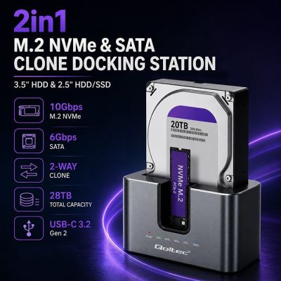2. Qoltec 52631 HDD SSD Docking Station | SATA | M.2 NVMe | Cloning | USB-C | 10Gb/s | 28TB