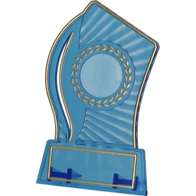 8. Plastic trophy - transparent - gold with space for a 25mm sticker and a 47mmX14mm TM plaque